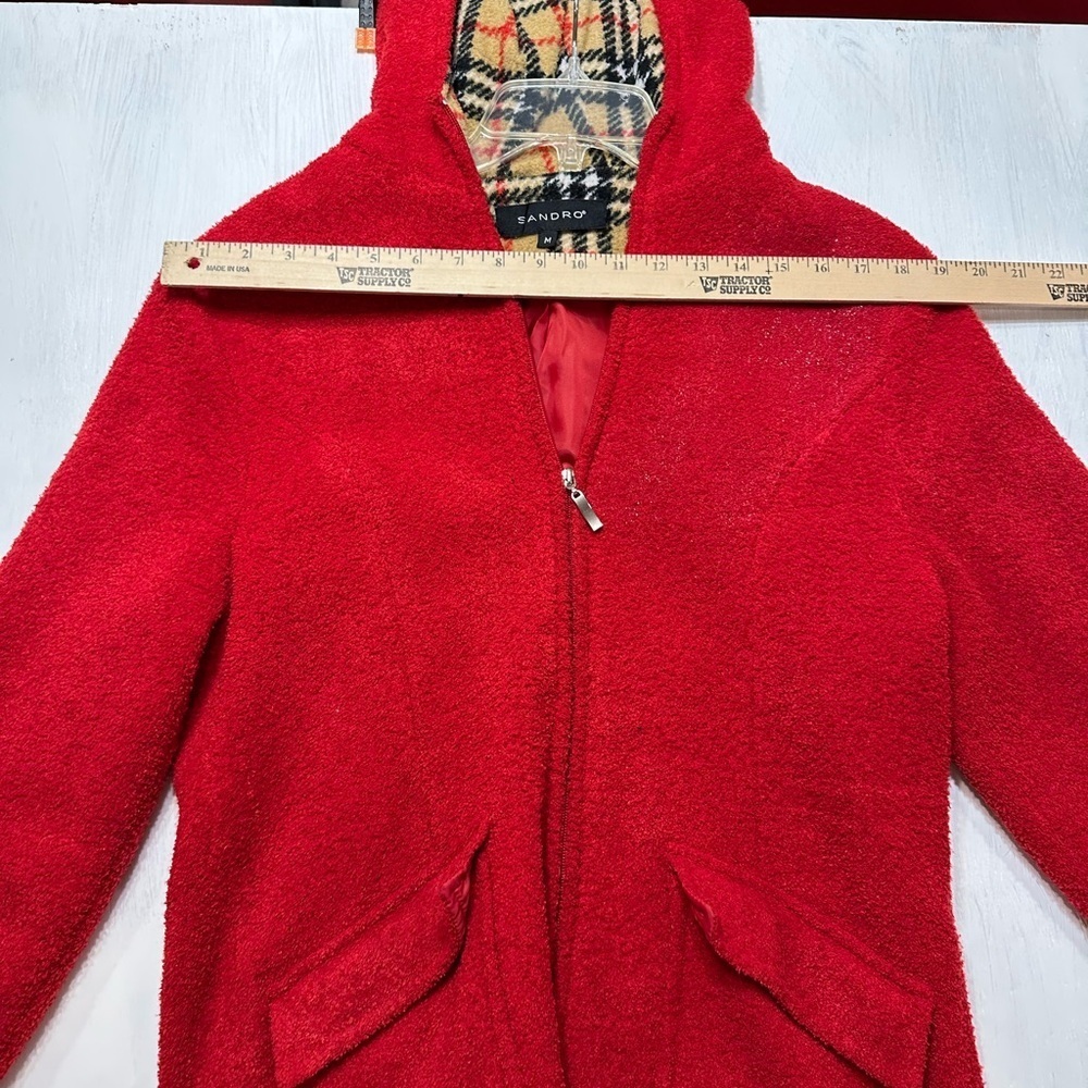 Sandro Paris Red Boucle Teddy Jacket | Plaid Hood Lining | Women’s Size M - Picture 3 of 11